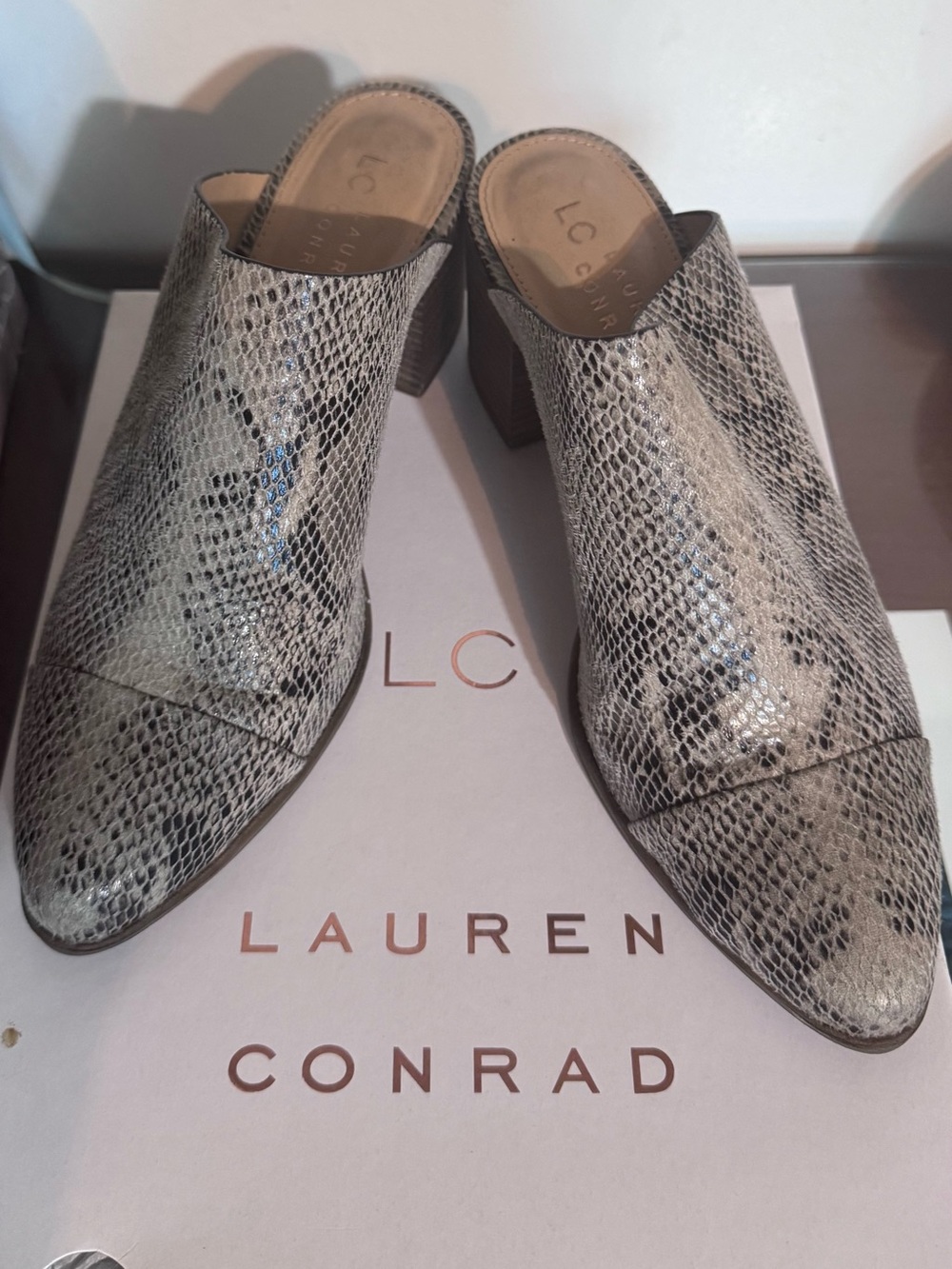 LC Lauren Conrad Silver Gray Snake-Print Slip-On Mules